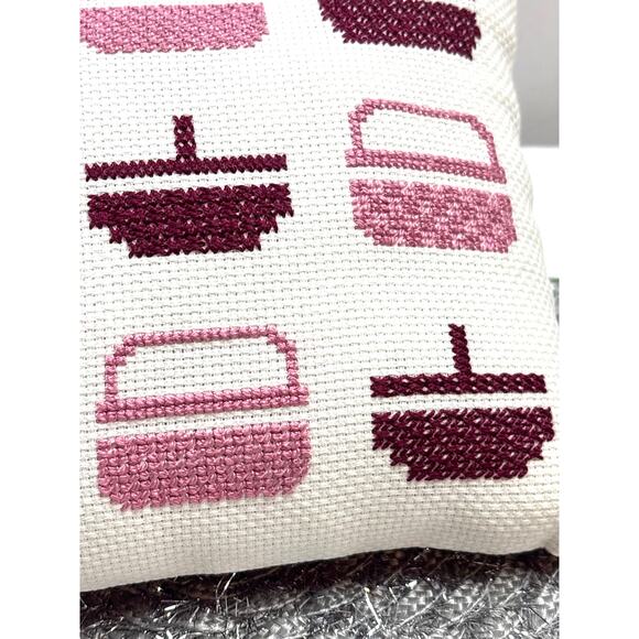 Vintage 90s Handmade Cross-Stitch Small Throw Pillow Basket Design Country Decor - Picture 4 of 6